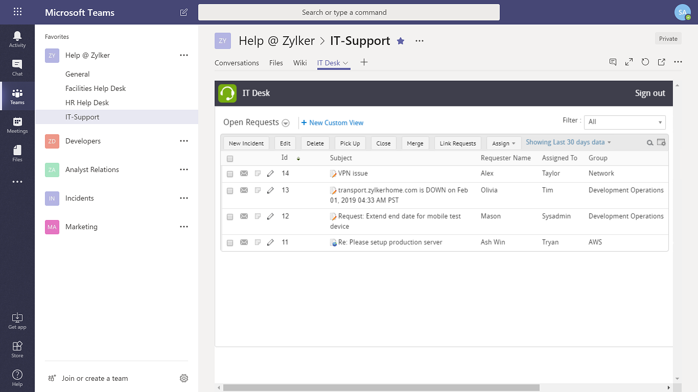 Microsoft Teams integration med Service Desk Plus